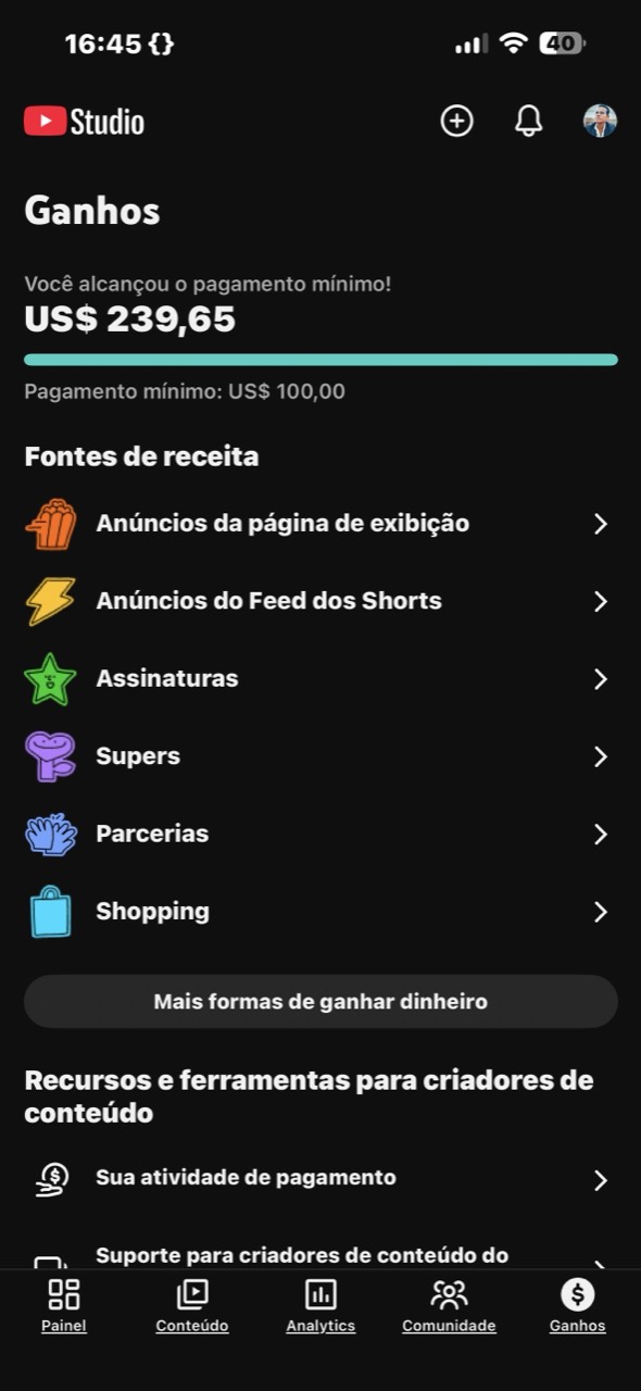 Exemplo de area de ganhos do YouTube Studio.