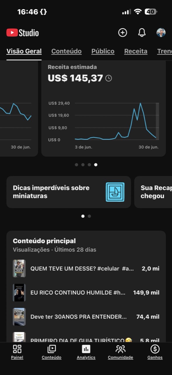 Exemplo de conteudos principais e receita estimada.